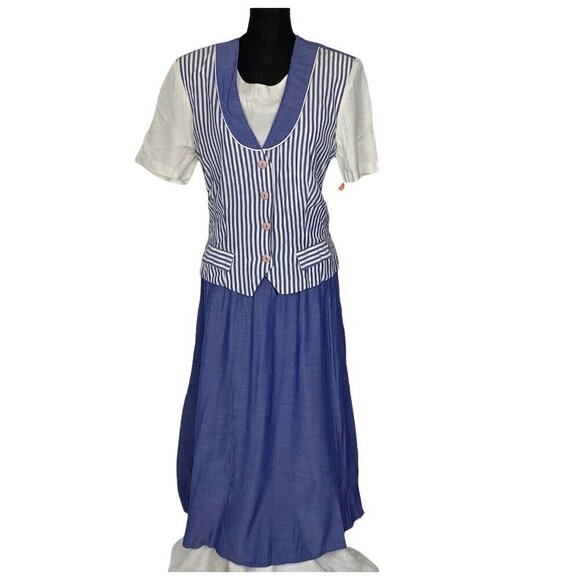 MISS DORBY Vintage Dress Zip Back with Tie Blue White 14 51-12 - Picture 1 of 11